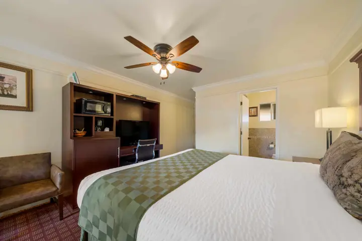 Wood cabinet with a microwave, flat-screen TV and desk, beside the king bed and a leather loveseat