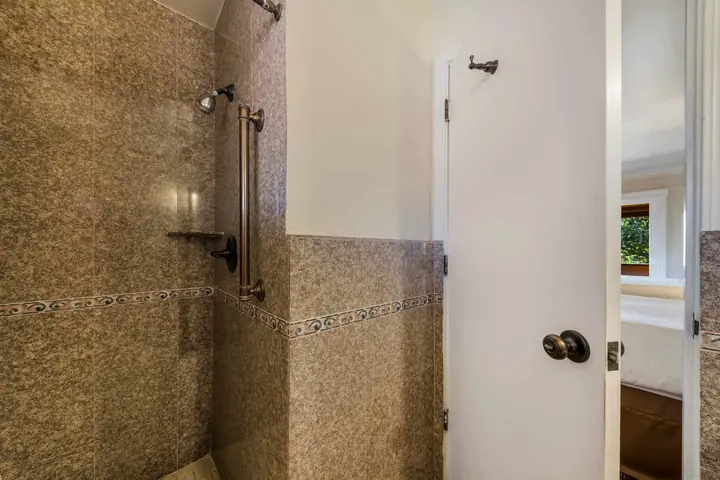 Tiled walk-in shower with a grab bar