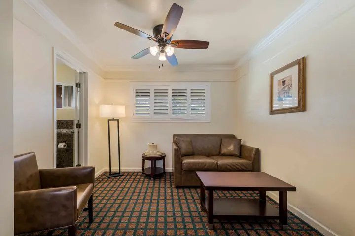 Sitting area with a leather sofa, an armchair, a coffee table and a window with white shutters